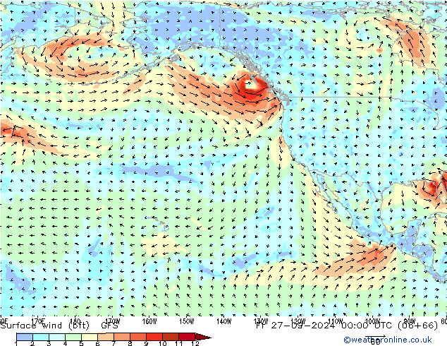 Wind 10 m (bft) GFS vr 27.09.2024 00 UTC