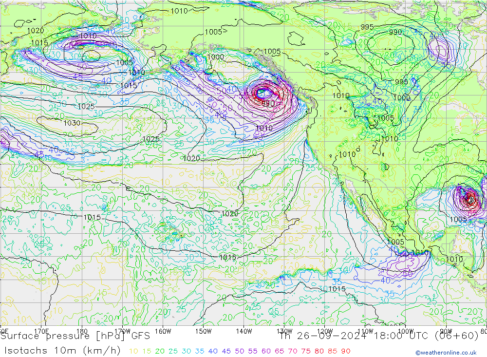 Isotachs (kph) GFS jeu 26.09.2024 18 UTC