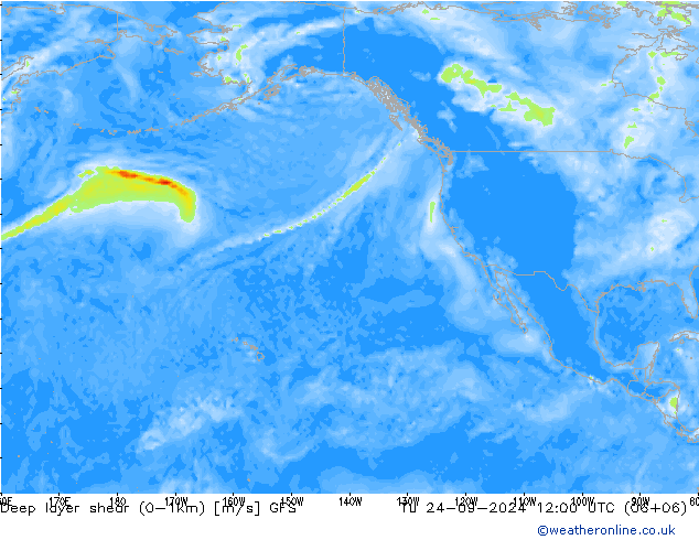 Deep layer shear (0-1km) GFS вт 24.09.2024 12 UTC