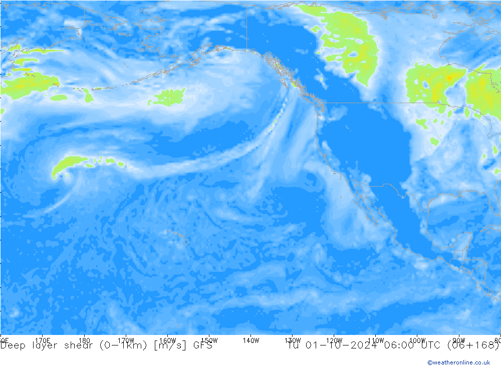 Deep layer shear (0-1km) GFS Tu 01.10.2024 06 UTC