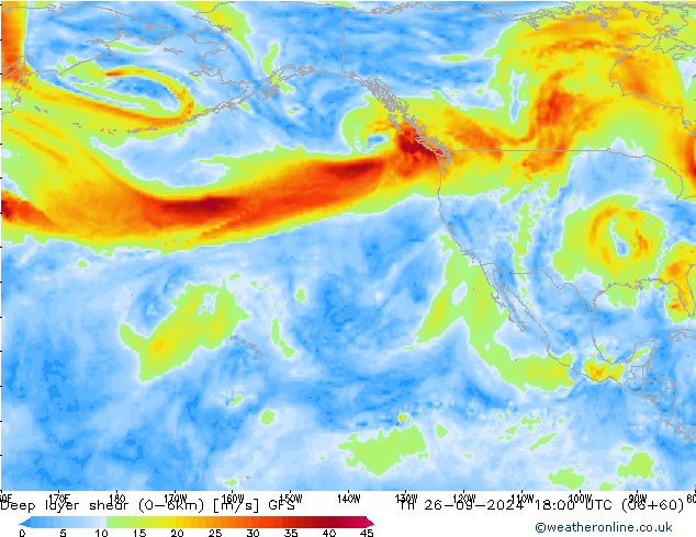 Deep layer shear (0-6km) GFS Th 26.09.2024 18 UTC