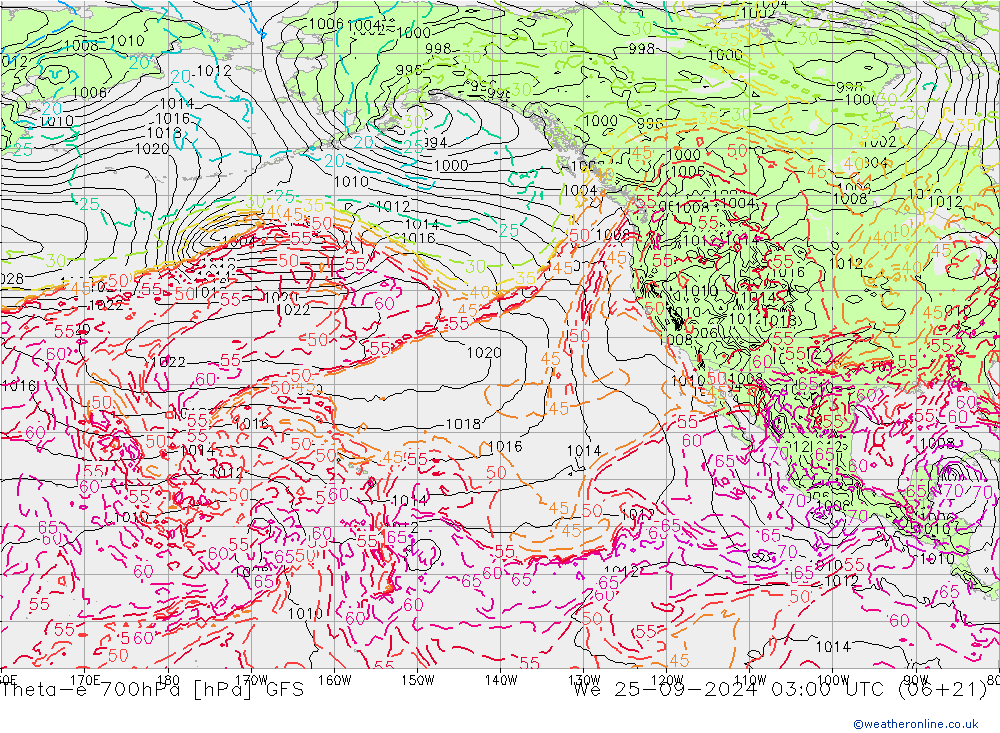 Theta-e 700hPa GFS We 25.09.2024 03 UTC