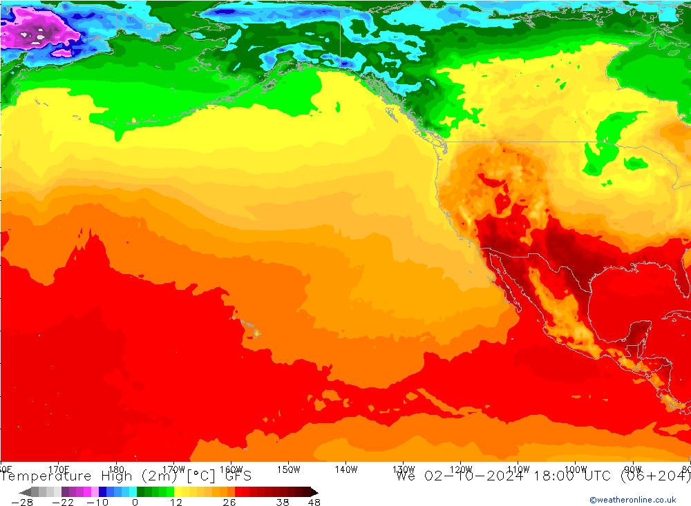 Temperatura máx. (2m) GFS mié 02.10.2024 18 UTC