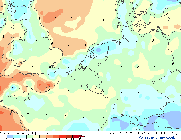 Surface wind (bft) GFS Fr 27.09.2024 06 UTC