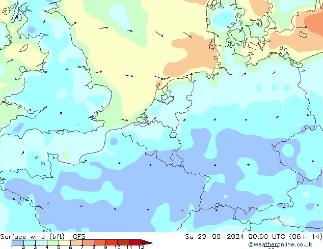 Surface wind (bft) GFS Ne 29.09.2024 00 UTC