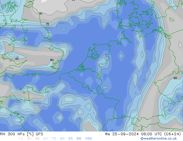 RH 300 hPa GFS We 25.09.2024 06 UTC