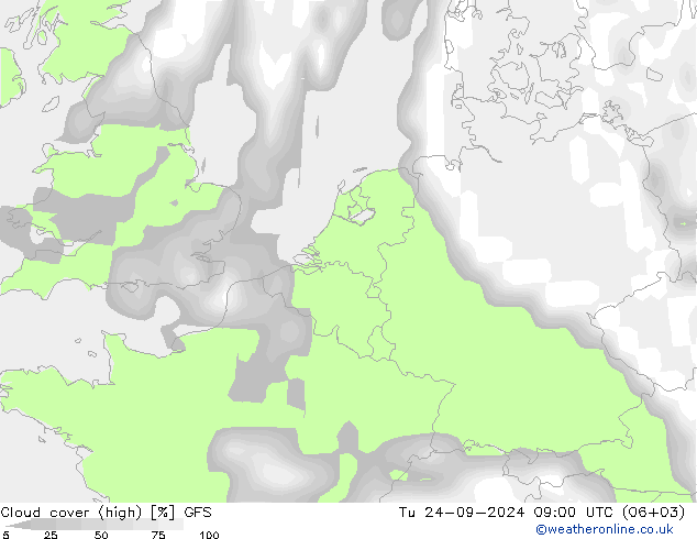 Cloud cover (high) GFS Tu 24.09.2024 09 UTC