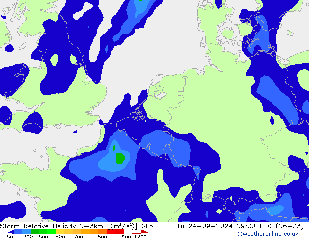 Storm Relative Helicity GFS Tu 24.09.2024 09 UTC