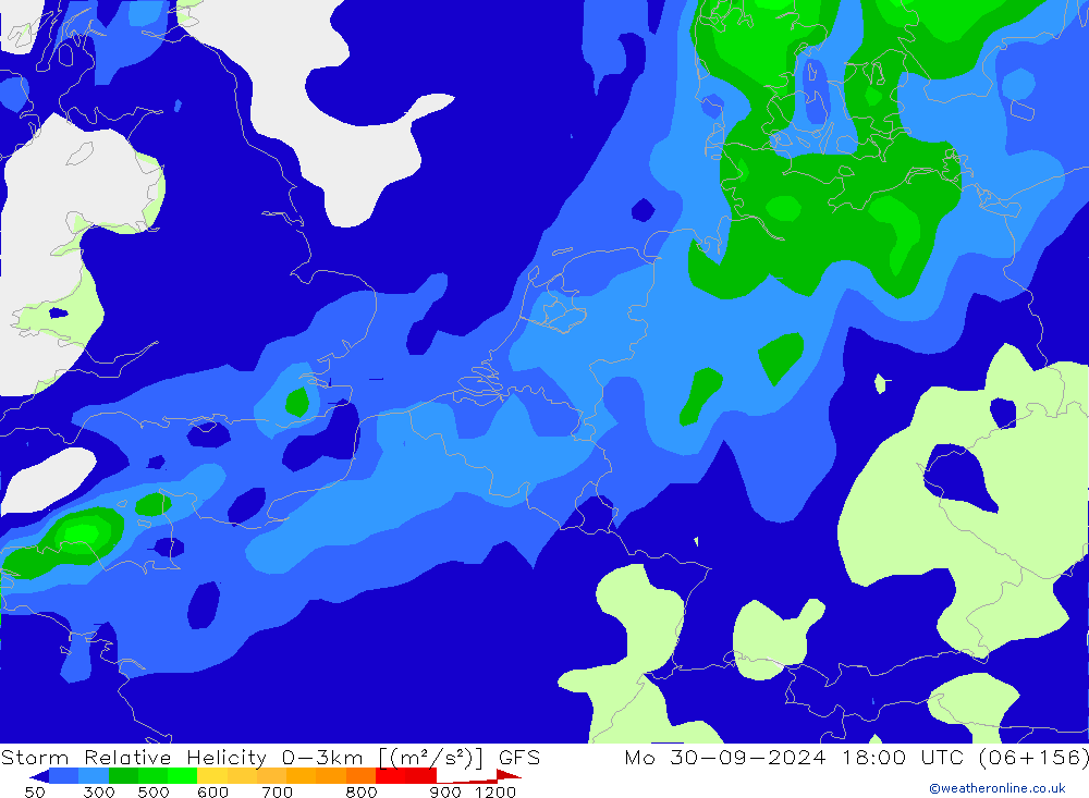 Storm Relative Helicity GFS Mo 30.09.2024 18 UTC