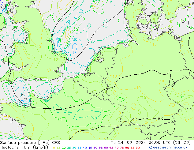 Isotaca (kph) GFS mar 24.09.2024 06 UTC