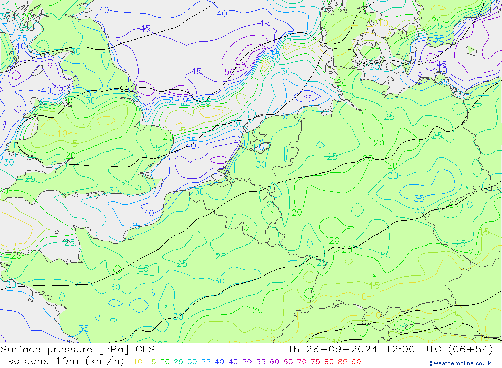 Isotachs (kph) GFS gio 26.09.2024 12 UTC