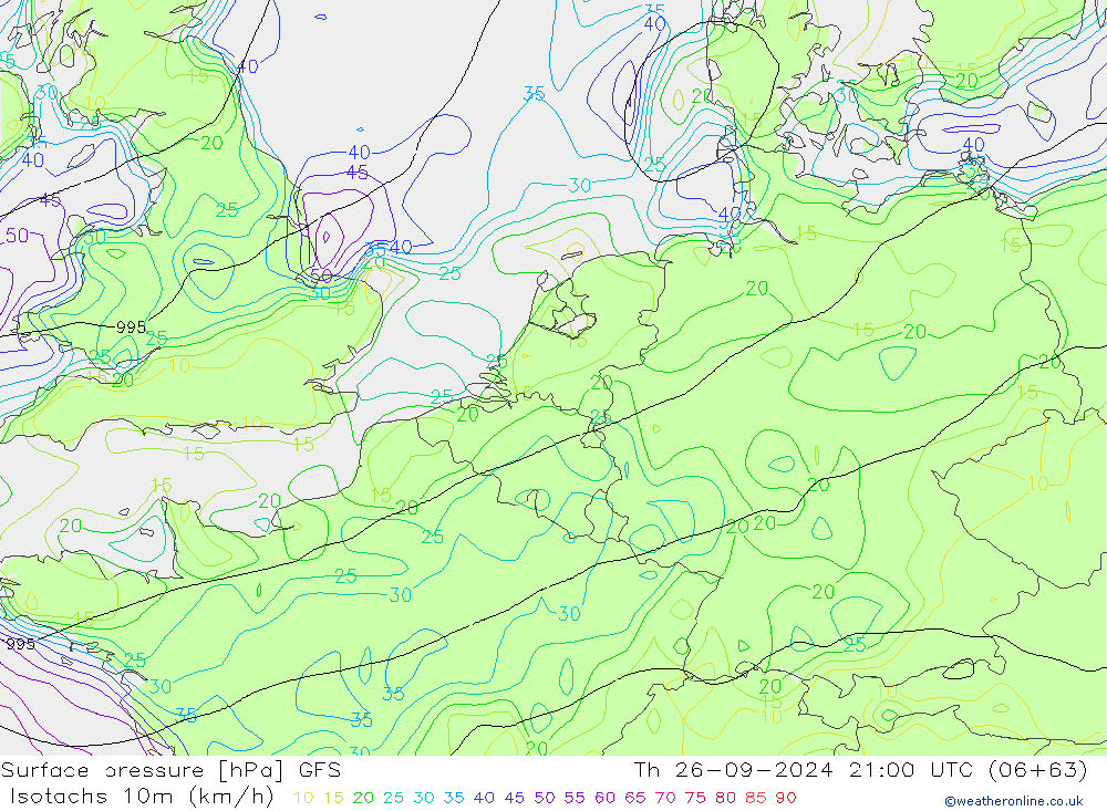 Isotachs (kph) GFS Th 26.09.2024 21 UTC