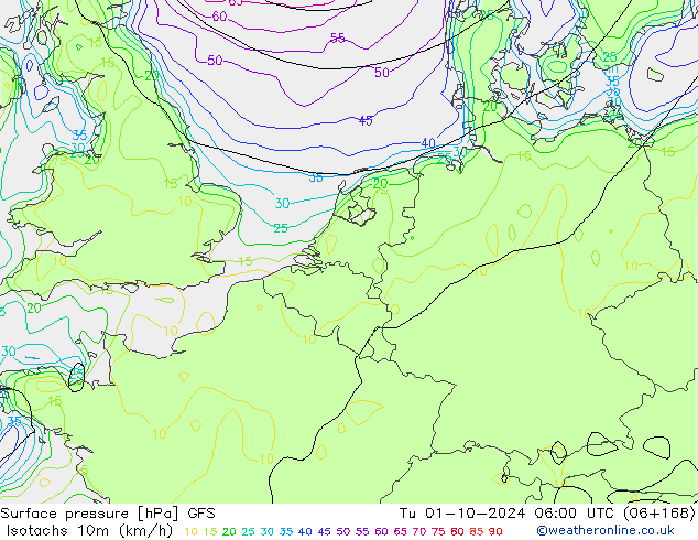 Isotachs (kph) GFS Tu 01.10.2024 06 UTC