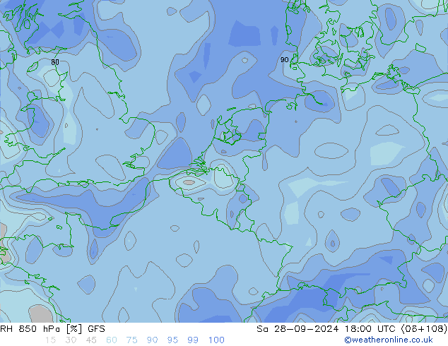 RH 850 гПа GFS сб 28.09.2024 18 UTC