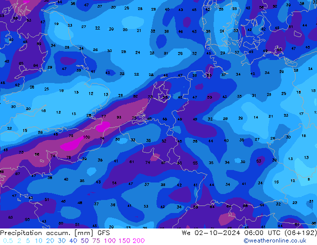 Precipitation accum. GFS We 02.10.2024 06 UTC