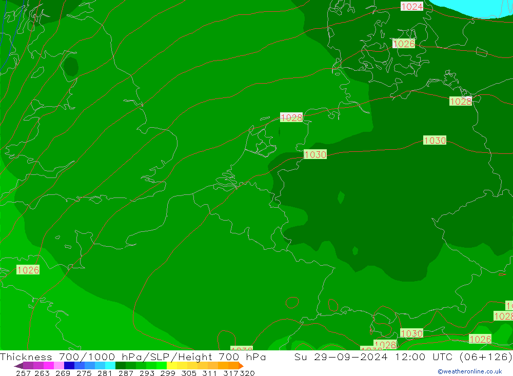 Espesor 700-1000 hPa GFS dom 29.09.2024 12 UTC