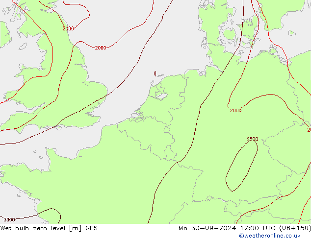 Wet bulb zero level GFS pon. 30.09.2024 12 UTC