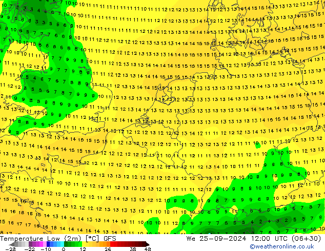 Minumum Değer (2m) GFS Çar 25.09.2024 12 UTC