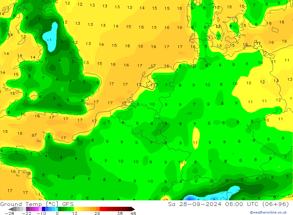 Temperatura del suelo GFS sáb 28.09.2024 06 UTC