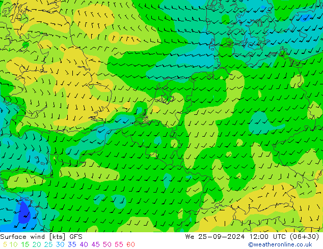 Vento 10 m GFS mer 25.09.2024 12 UTC