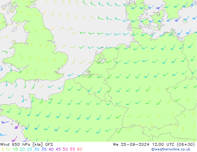 Wind 950 hPa GFS We 25.09.2024 12 UTC