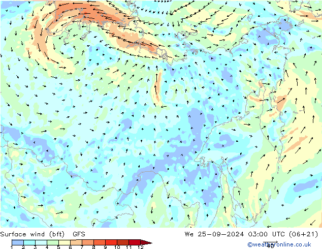 Vento 10 m (bft) GFS Qua 25.09.2024 03 UTC