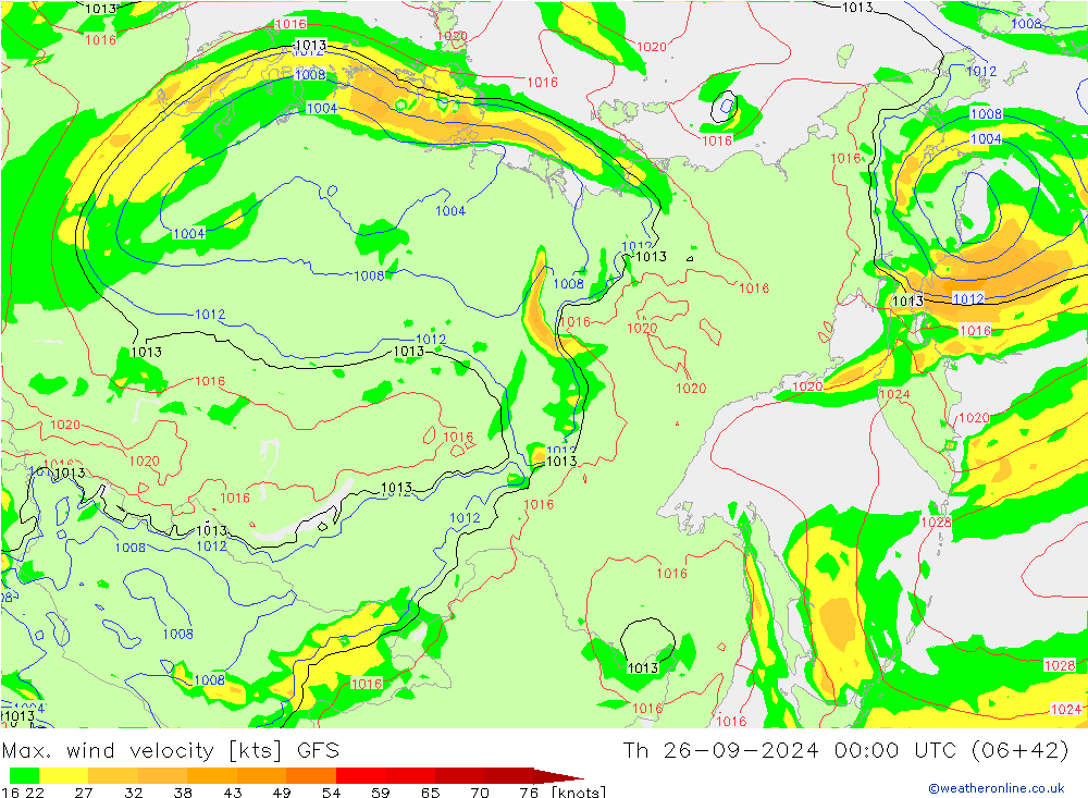 Max. wind velocity GFS чт 26.09.2024 00 UTC