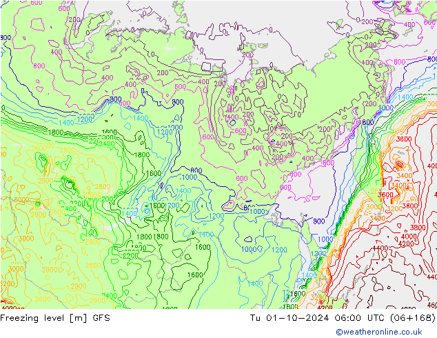 Freezing level GFS Út 01.10.2024 06 UTC