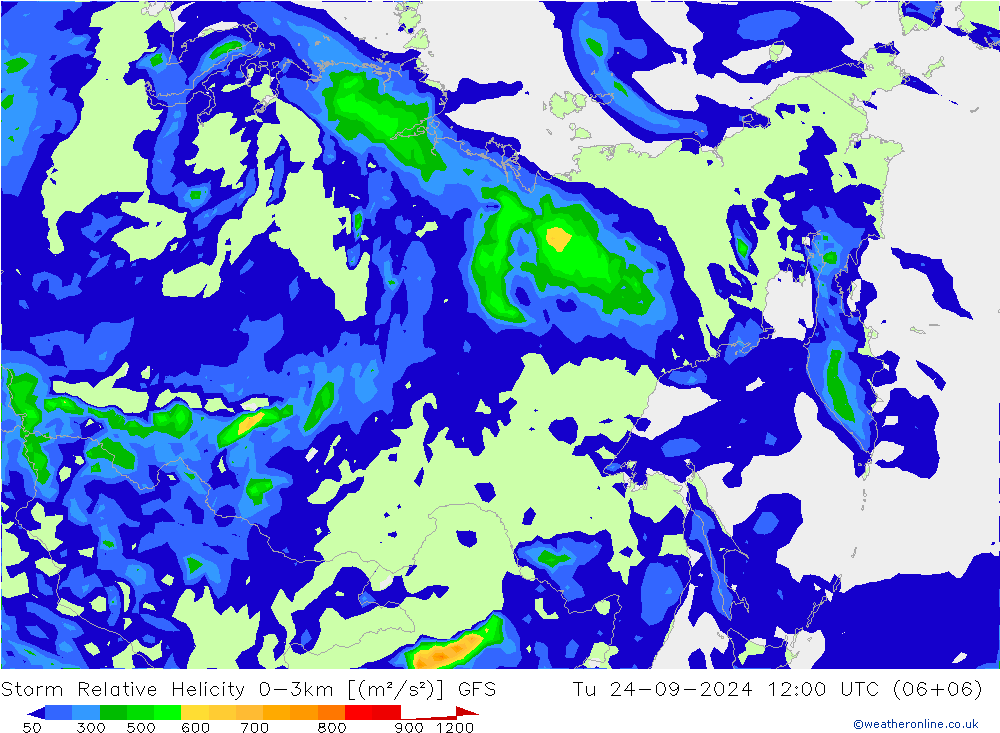 Storm Relative Helicity GFS Tu 24.09.2024 12 UTC