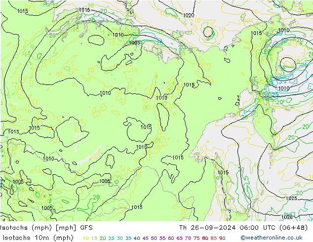 Isotachs (mph) GFS Th 26.09.2024 06 UTC