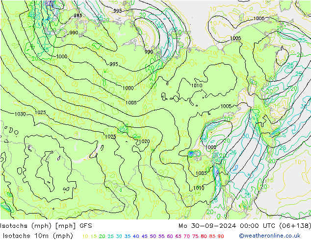 Eşrüzgar Hızları mph GFS Pzt 30.09.2024 00 UTC