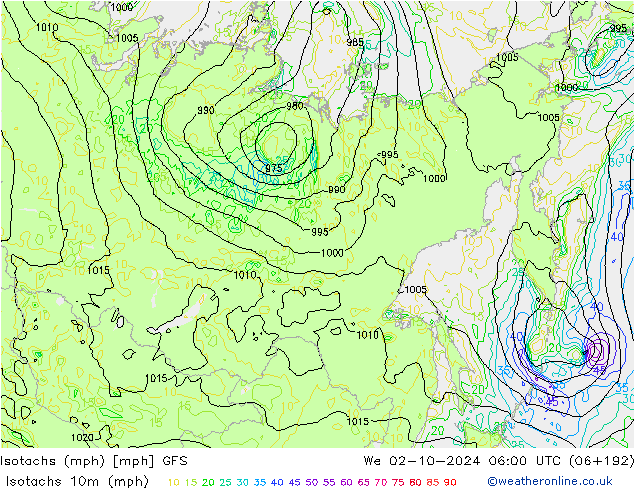 Isotachs (mph) GFS We 02.10.2024 06 UTC