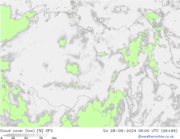 Cloud cover (low) GFS Sa 28.09.2024 06 UTC