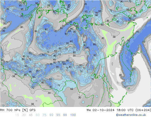 RH 700 hPa GFS Qua 02.10.2024 18 UTC