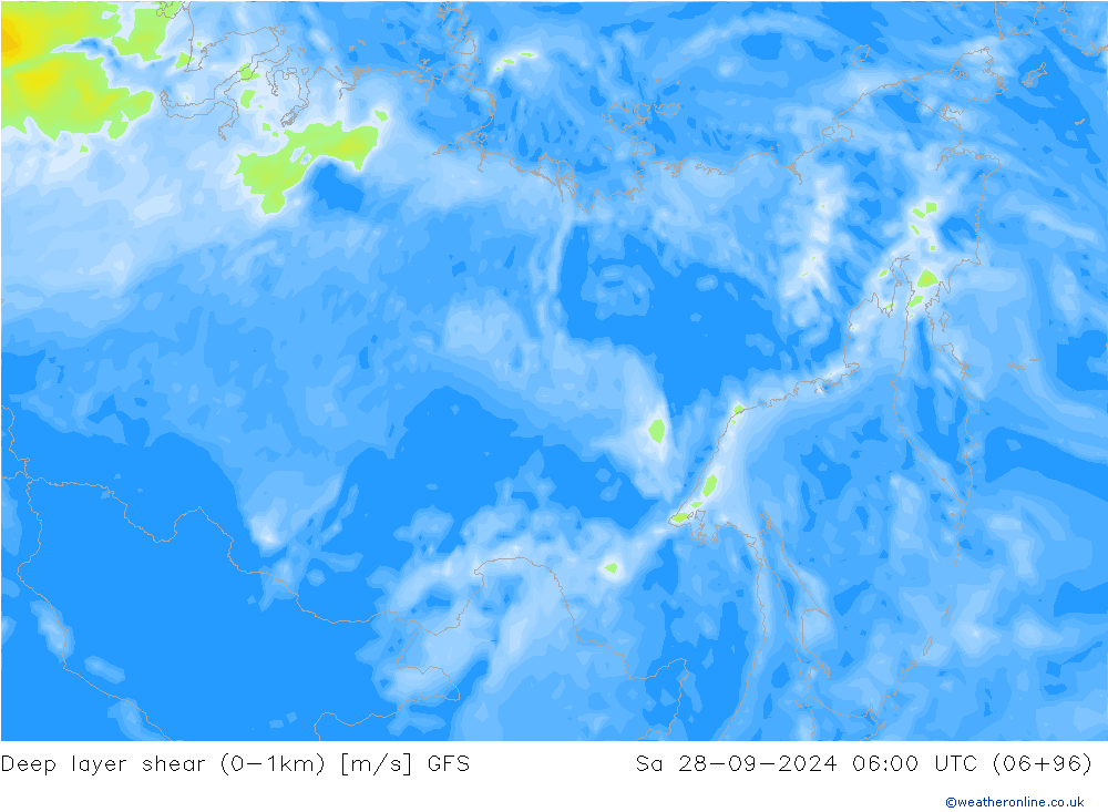 Deep layer shear (0-1km) GFS Cts 28.09.2024 06 UTC