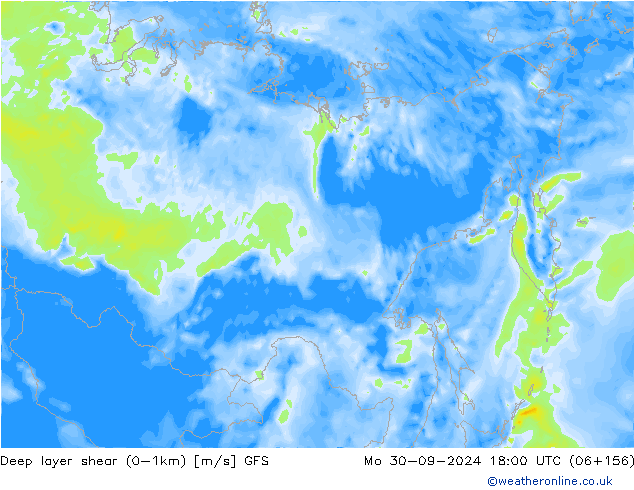 Deep layer shear (0-1km) GFS Mo 30.09.2024 18 UTC