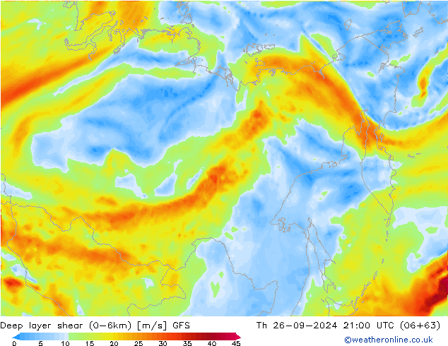 Deep layer shear (0-6km) GFS czw. 26.09.2024 21 UTC