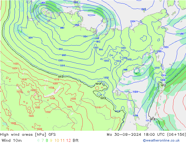 High wind areas GFS Mo 30.09.2024 18 UTC