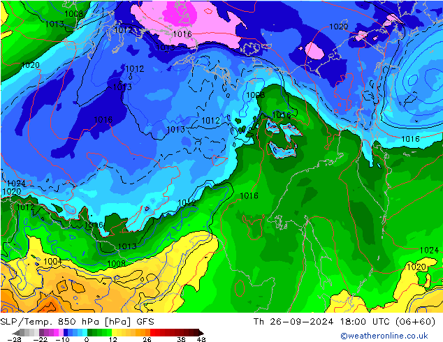 SLP/Temp. 850 hPa GFS gio 26.09.2024 18 UTC