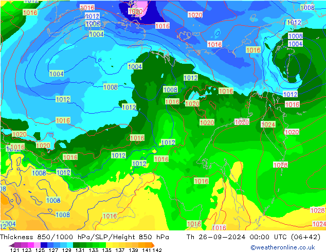 Thck 850-1000 hPa GFS czw. 26.09.2024 00 UTC