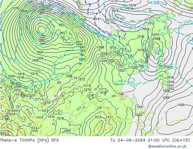 Theta-e 700hPa GFS di 24.09.2024 21 UTC