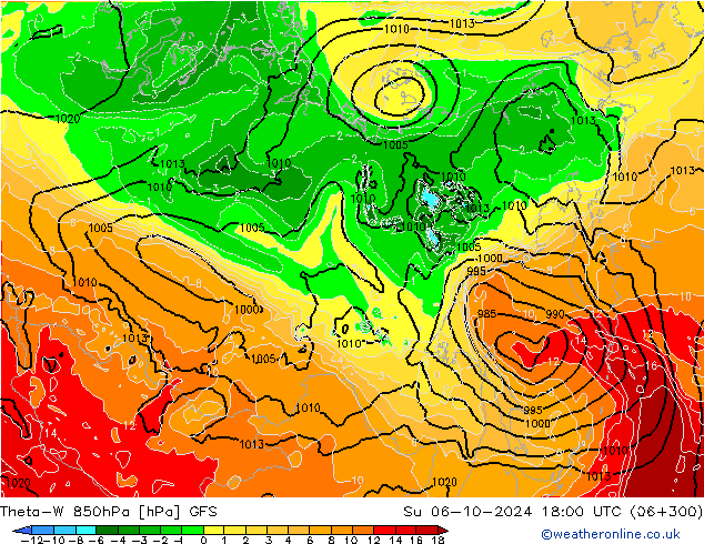 Theta-W 850hPa GFS zo 06.10.2024 18 UTC