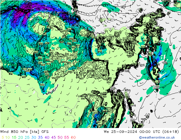 Vento 850 hPa GFS mer 25.09.2024 00 UTC