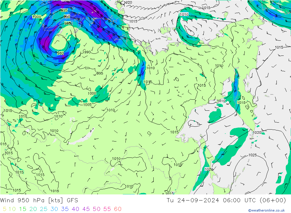 Wind 950 hPa GFS Tu 24.09.2024 06 UTC