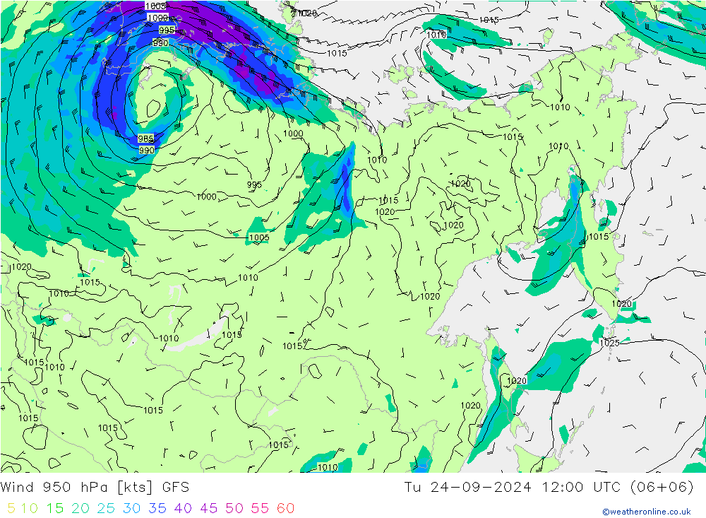 Wind 950 hPa GFS Tu 24.09.2024 12 UTC