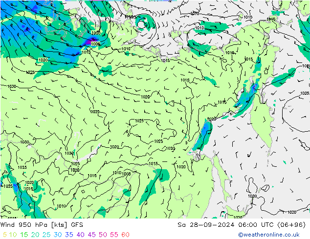 Wind 950 hPa GFS Sa 28.09.2024 06 UTC