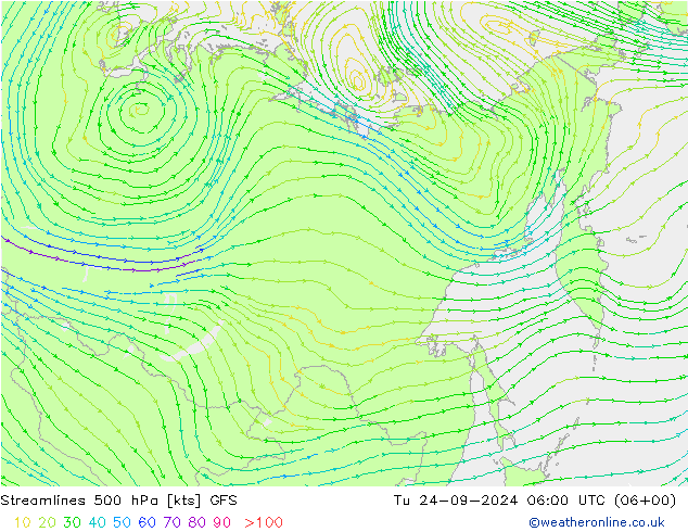 Linia prądu 500 hPa GFS wto. 24.09.2024 06 UTC