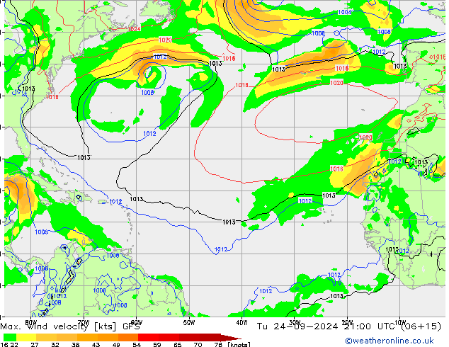 Max. wind velocity GFS Tu 24.09.2024 21 UTC