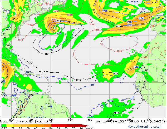 Max. wind velocity GFS mer 25.09.2024 09 UTC