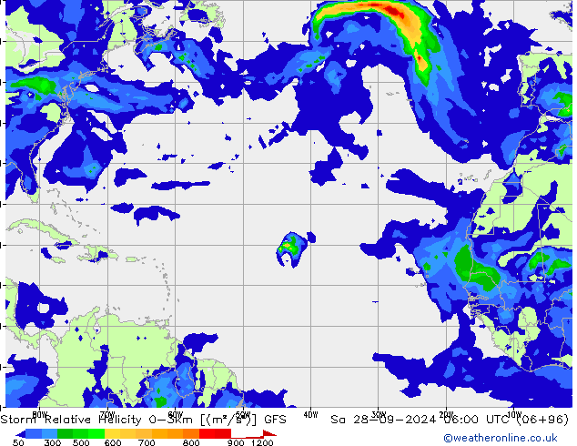 Storm Relative Helicity GFS Sa 28.09.2024 06 UTC